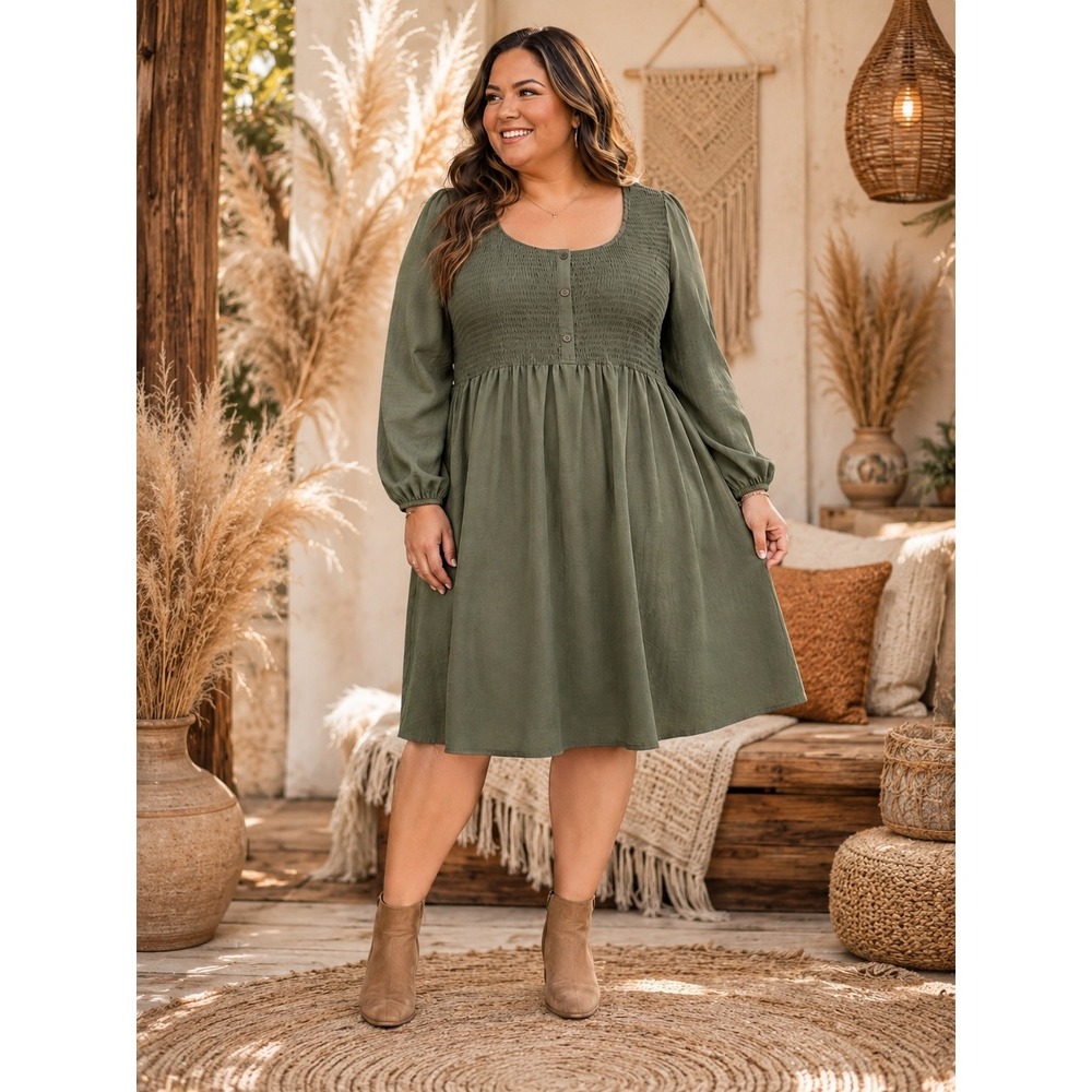 408. Boho Olive Green Smocked Babydoll Dress Long Sleeve XL